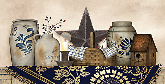 Linda Spivey LS1908 - LS1908 - Primitive Days Gone By I - 18x9 Still Life, Crocks, Barn Star, Baskets, Birdhouse, Primitive, Blue & White Tapestry from Penny Lane