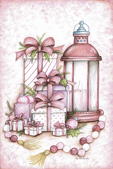 Mary Ann June MARY640 - MARY640 - Pretty and Pink - 12x18 Christmas, Holidays, Still Life, Pink, Lantern, Presents, Beads, Pine Sprigs, Bohemian from Penny Lane