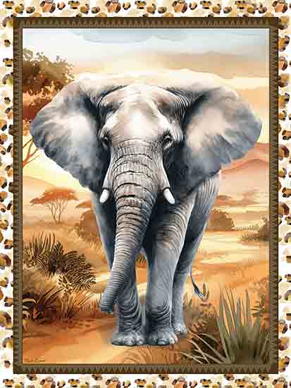 Nicole DeCamp ND307 - ND307 - African Safari Elephant - 12x16 Safari, African Safari, Africa, Animals, Elephant, Landscape, Trees, Patterned Border from Penny Lane