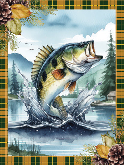 Nicole DeCamp ND580 - ND580 - Woodland Retreat Fish II - 12x16 Lake, Lodge, Fish,  Landscape, Trees, Mountains, Plaid Border, Masculine from Penny Lane