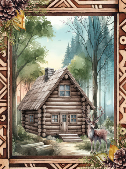 Nicole DeCamp ND581 - ND581 - Woodland Retreat Cabin - 12x16 Lodge, Log Cabin, Deer, Landscape, Forest, Trees, Wood Carved Border from Penny Lane