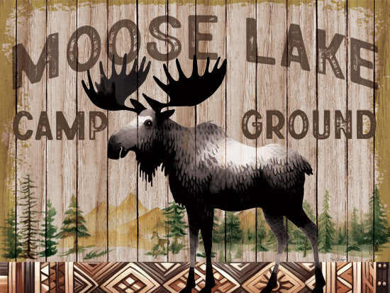 Nicole DeCamp ND582 - ND582 - Moose Creek Camp Ground - 16x12 Lodge, Moose, Campgrounds, Wood Slats, Moose Lake Camp Grounds, Typography, Signs, Textual Art, Trees, Mountains, Pine Trees, Southwest Border from Penny Lane