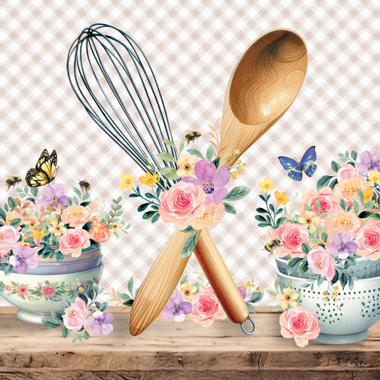 Nicole DeCamp ND587 - ND587 - In the Kitchen Whisk & Spoon - 12x12 Kitchen, Still Life, Flowers, Whisk, Wooden Spoon, Colander, Bowls, Purple & White Plaid, Butterflies, Spring from Penny Lane