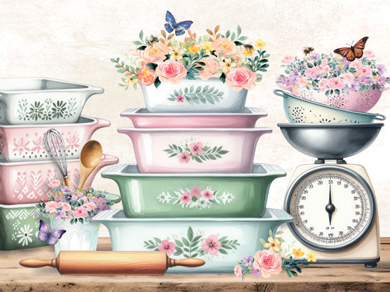 Nicole DeCamp ND589 - ND589 - In the Kitchen Floral Pans & Scale - 16x12 Kitchen, Still Life, Flowers, Scale, Colanders, Ceramic Cookware, Butterflies, Rolling Pin, Whisk, Wooden Spoon from Penny Lane