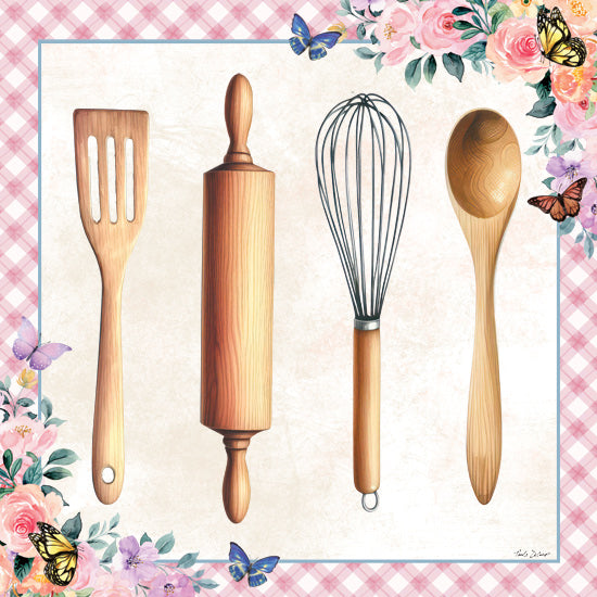 Nicole DeCamp ND593 - ND593 - In the Kitchen Tools - 12x12 Kitchen, Still Life, Kitchen Utensils, Spatula, Rolling Pin, Whisk, Wooden Spoon, Flowers, Butterflies, Pink & White Plaid from Penny Lane