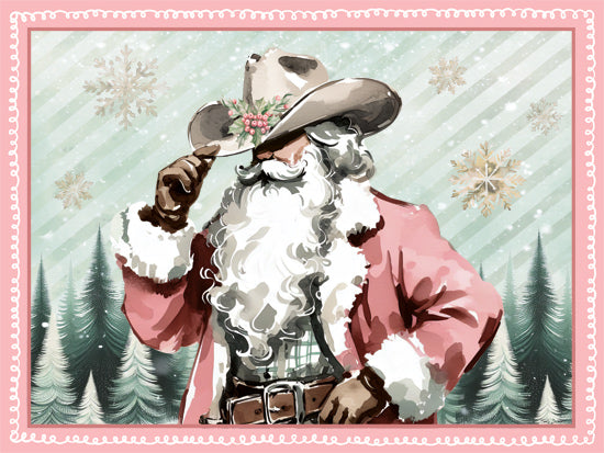 Nicole DeCamp ND613 - ND613 - Cowboy Santa II - 16x12 Christmas, Holidays, Whimsical, Western, Cowboy Santa Claus, Pink, Cowboy Hat, Holster, Landscape, Ranch, Trees, Winter, Snow, Snowflakes from Penny Lane