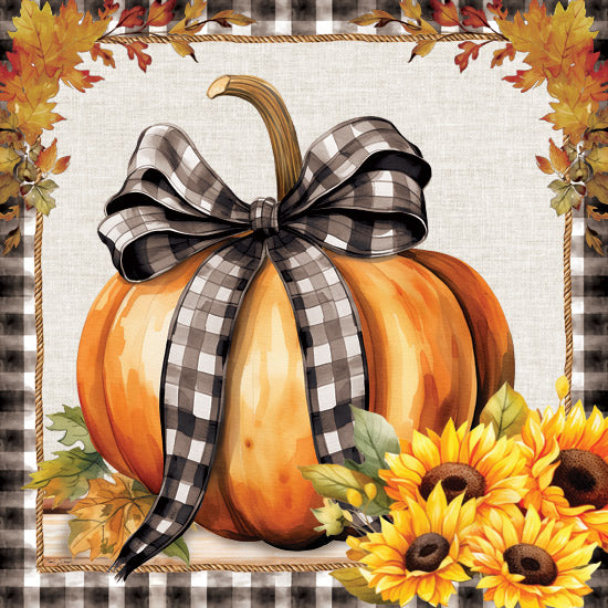 Nicole DeCamp ND633 - ND633 - Fall Ribbon Pumpkin - 12x12 Fall, Still Life, Flowers, Sunflowers, Mums, Greenery, Canning Jars, Pumpkins, Black & White Plaid, Border, Farmhouse/Country from Penny Lane