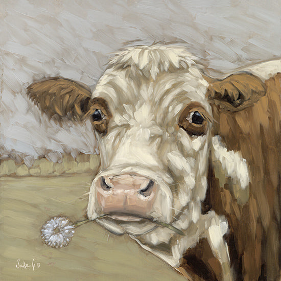 Sara G. Designs SGD215 - SGD215 - Picking Dandelions 2 - 12x12 Whimsical, Cow, Brown & White Cow, Farm Animal, Dandelion, White Dandelion, Brush Strokes from Penny Lane