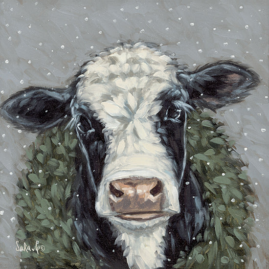 Sara G. Designs SGD241 - SGD241 - Snowy Day at the Farm 2 - 12x12 Winter, Whimsical, Cow, Farm Animal, Black & White Cow,  Snow, Wreath, Greenery, Brush Strokes from Penny Lane