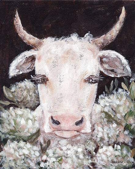 Amanda Hilburn AH144 - AH144 - Sweet Caroline in the Hydrangeas - 12x16 cow, floral crown, white blossoms, black background, farmhouse style, close-up portrait, pink nose, rustic charm, expressive eyes from Penny Lane