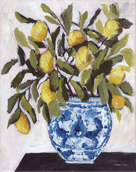 Amanda Hilburn AH191 - AH191 - Lemons and Chinoiserie - 12x16 lemons, lemon tree, blue chinoiserie vase, fruit arrangement, kitchen decor, vibrant colors, food and drink, fruit painting from Penny Lane
