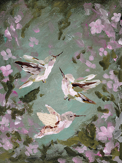 Amanda Hilburn AH260 - AH260 - Hummingbirds in the Garden - 12x16 hummingbirds, flying birds, pink blossoms, garden scene, spring flowers, soft green background, whimsical motion from Penny Lane