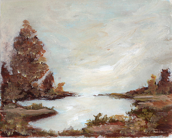 Amanda Hilburn AH308 - AH308 - Autumn Pond - 16x12 landscape, botanical, holidays & seasonal, lakes, trees, sky, fall, autumn leaves, hazy, reflection, riverbank, painterly, moody, oil painting, neutral from Penny Lane