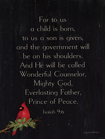 Annie LaPoint ALP2693 - ALP2693 - A Child Is Born - 12x16 Christmas, Holidays, Religious, Cardinal, For to Us a Child is Born, Isaiah, Bible Verse, Typography, Signs, Textual Art, Black Background from Penny Lane