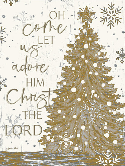 Annie LaPoint ALP2707 - ALP2707 - Come Let Us Adore Him - 12x16 Christmas, Holidays, Christmas Tree, Religious, Oh Come Let Us Adore Him, Christ the Lord, Typography, Signs, Textual Art, Christmas Music, Winter, Snowflakes, Gold & White from Penny Lane