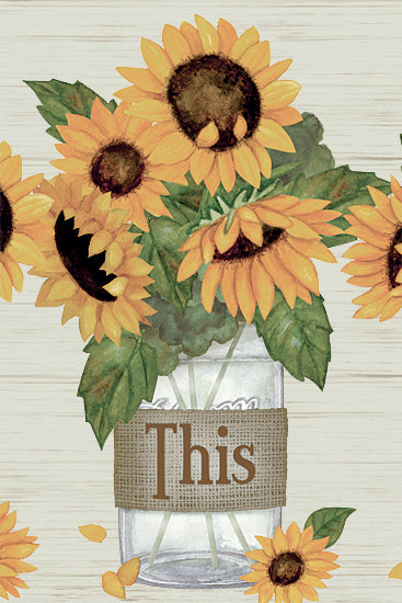 Annie LaPoint ALP2776 - ALP2776 - Bless This Home Sunflower Triptych II - 12x18 sunflowers, mason jar, bouquet, rustic, farmhouse decor, this quote, burlap wrap, green leaves, watercolor painting, still life, summer flowers, country style, vertical wall art from Penny Lane