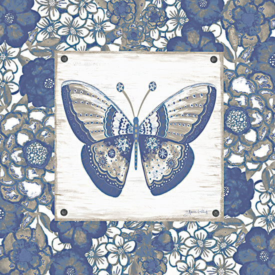 Annie LaPoint ALP2797 - ALP2797 - Gypsy Floral Butterfly II - 12x12 blue butterfly, floral pattern background, decorative wall art, cottage style, nature insect, indigo flowers, rustic wood panel, mixed media, square sign, whimsical decor from Penny Lane