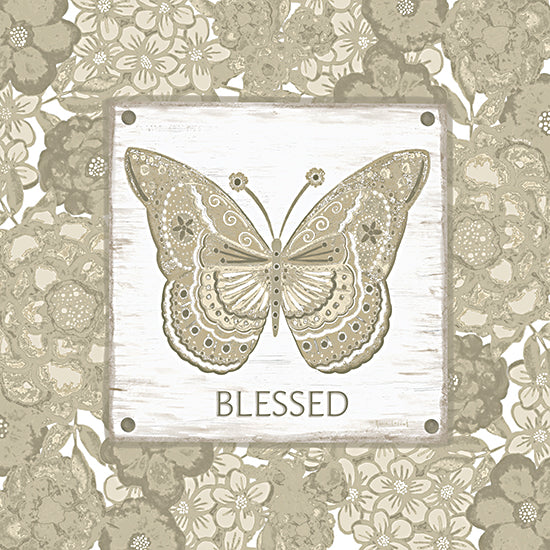 Annie LaPoint ALP2798 - ALP2798 - Blessed Butterfly - 12x12 green butterfly, blessed word art, floral pattern background, decorative wall art, cottage style, nature insect, sage green palette, rustic wood panel, mixed media, square sign from Penny Lane