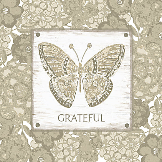 Annie LaPoint ALP2799 - ALP2799 - Grateful Butterfly - 12x12 green butterfly, grateful word art, floral pattern background, decorative wall art, cottage style, nature insect, sage green palette, rustic wood panel, mixed media, square sign from Penny Lane