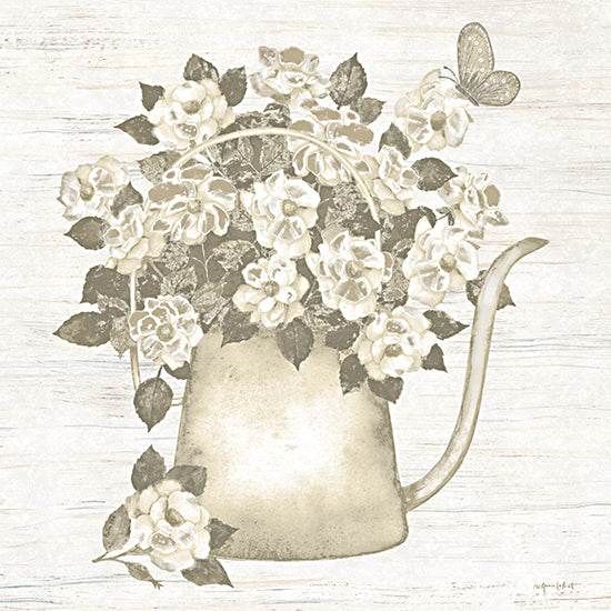 Annie LaPoint ALP2800 - ALP2800 - Vintage Blooms I - 12x12 watering can, white flowers, garden bouquet, farmhouse decor, vintage pitcher, butterfly, botanical, soft green tones, rustic wood background, still life, cottage garden from Penny Lane