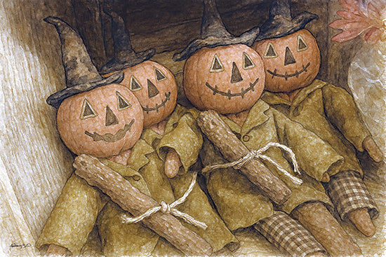 Anthony Smith ANT163 - ANT163 - Jacks in a Row - 18x12 pumpkin-headed dolls, witch hats, rustic costume, fall plush decor, primitive Halloween figures, smiling jack-o'-lanterns, plaid pants, sticks from Penny Lane
