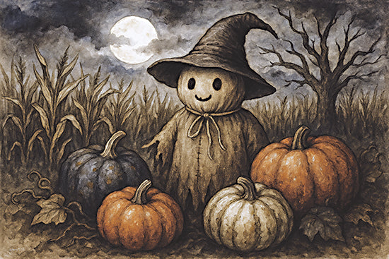 Anthony Smith ANT165 - ANT165 - Ghostly Guardian - 18x12 full moon night, scarecrow with witch hat, cornfield, pumpkins of various colors, spooky Halloween night, eerie setting, rustic fantasy from Penny Lane