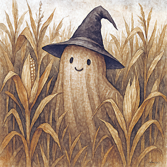 Anthony Smith ANT202 - ANT202 - Witch's Little Ghost - 12x12  smiling ghost, witch hat, cornfield, fall season, cute halloween art, whimsical design, golden tones, harvest from Penny Lane