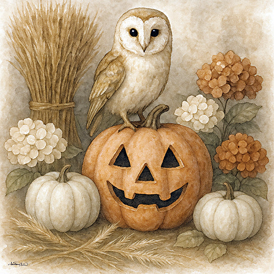 Anthony Smith ANT204 - ANT204 - Jack-O-Lantern Owl - 12x12  barn owl, jack-o'-lantern, pumpkins, wheat bundle, fall hydrangeas, harvest scene, autumn leaves, Halloween decoration, cozy countryside, watercolor style from Penny Lane