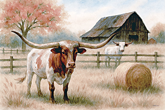 Anthony Smith ANT259 - ANT259 - Autumn on the Ranch - 18x12 animals, western, landscape, farm animals, ranch life, country, rural, longhorn, hay bale, barn, fence, autumn, trees, field, painterly, vintage, oil painting, brown from Penny Lane
