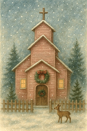 Anthony Smith ANT265 - ANT265 - Christmas Church - 12x18 snowy church, Christmas wreath, red building, falling snow, evergreen trees, deer in snow, peaceful winter night, rustic chapel, Christmas Eve, small town church scene from Penny Lane