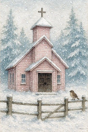 Anthony Smith ANT269 - ANT269 - The Little Pink Church - 12x18 watercolor winter church, pink chapel, snowy landscape, falling snow, pine trees, rustic wooden building, cross steeple, country church, farmhouse style, wooden fence, gate, small bird on fence, peaceful scene, muted neutral tones, cozy seasonal decor, countryside from Penny Lane