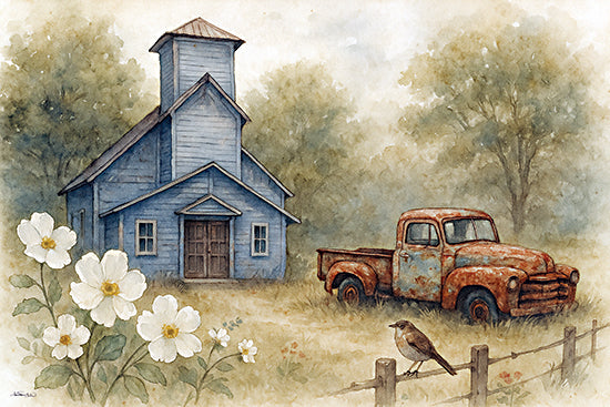 Anthony Smith ANT274 - ANT274 - A Time for Renewal - 18x12 old pickup truck, blue church, rustic countryside, foggy morning, bird on fence, wildflowers, peaceful rural scene, farm life, vintage architecture, countryside tranquility from Penny Lane