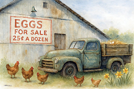 Anthony Smith ANT287 - ANT287 - Spring on the Farm - 18x12 vintage farm truck, rustic barn, chickens, eggs for sale sign, farmhouse style, country life, rural market, hens, farmyard, 25 cents a dozen, classic truck, Americana art, nostalgic countryside, pastoral farm scene, egg business, nature landscape from Penny Lane