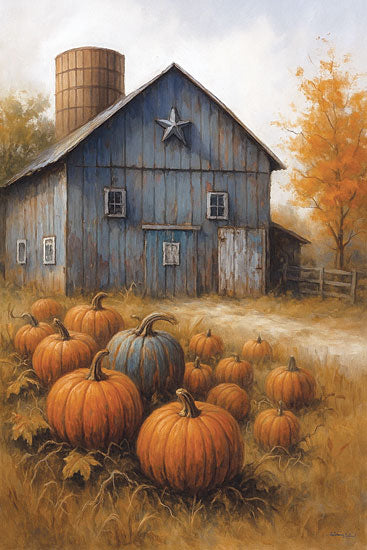 Anthony Smith ANT297 - ANT297 - Pumpkin Patch Blues - 12x18 blue barn, rustic barn, farm, pumpkin patch, pumpkins, gourds, autumn harvest, fall foliage, orange tree, country landscape, rural scene, weathered wood, barn star, silo, farmhouse style, golden grass, harvest season, thanksgiving decor, pastoral, cozy, painterly, soft brushstrokes from Penny Lane