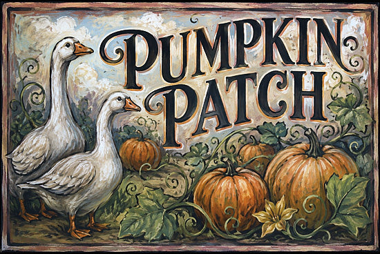 Anthony Smith ANT455 - ANT455 - Pumpkin Patch Sign - 18x12 animals, holidays & seasonal, typography, farm animals, fall, harvest, signs, geese, pumpkins, vines, autumn leaves, rustic, vintage, decorative, oil painting, orange from Penny Lane