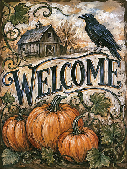 Anthony Smith ANT456 - ANT456 - Welcome Pumpkins - 12x16 holidays & seasonal, animals, typography, landscape, botanical, fall, harvest, birds, country, rural, leaves, signs, pumpkins, crow, barn, vines, autumn, rustic, farm, decorative, vintage, acrylic, brown from Penny Lane