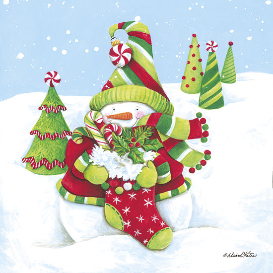 Diane Kater ART1374 - ART1374 - Bundled Up Snowman - 12x12 holidays & seasonal, christmas, winter, snowman, christmas tree, candy cane, stocking, holly, snow, whimsical, decorative, acrylic, multicolor from Penny Lane