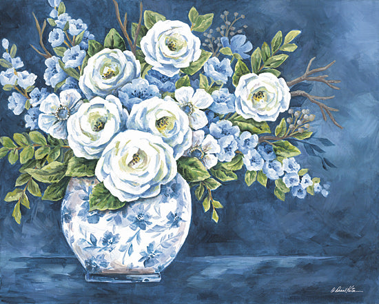 Diane Kater ART1396 - ART1396 - Midnight Blooms - 16x12 blue floral bouquet, white flowers, vase, still life, elegant, soft brushwork, home decor from Penny Lane