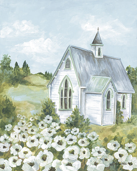 Diane Kater ART1404 - ART1404 - Countryside Chapel - 12x16 country church, white chapel, green meadow, blue sky, field of white flowers, peaceful countryside, inspirational landscape, nature scene, springtime beauty, rustic charm, painterly brushstrokes, rural scenery, religious symbolism, serene art from Penny Lane