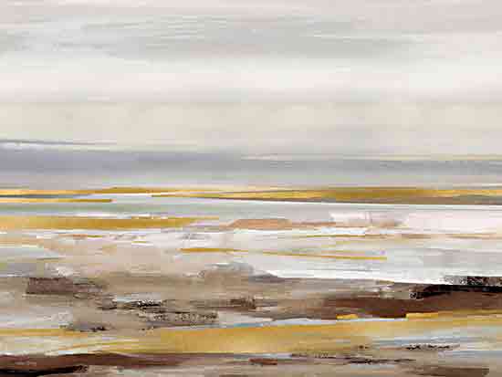Amber Sterling AS169 - AS169 - Tomorrow - 16x12 abstract landscape, coastal horizon, neutral tones, beige, gray, gold accents, modern decor, minimalist seascape, contemporary abstract, textured brushstrokes, serene, calming, horizontal bands, metallic gold from Penny Lane