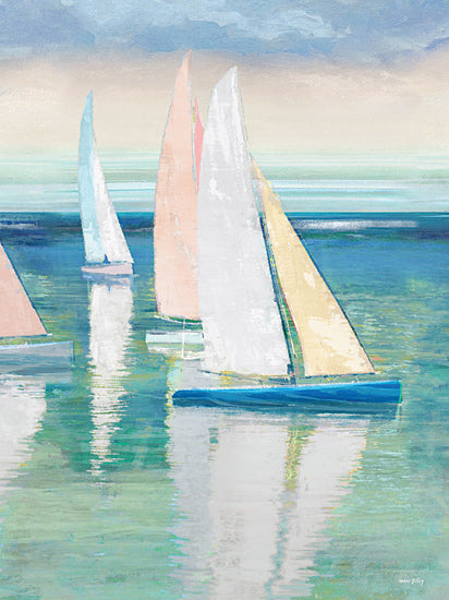 Amber Sterling AS335 - AS335 - Tranquil Waters I - 12x16 sailboat, sailboats, sailing, regatta, coastal, ocean, sea, seascape, turquoise water, green water, pastel sails, white sails, pink sail, yellow sail, reflections, calm water, horizon, sky, soft clouds, beach house decor, nautical, summer, serene, airy, light, impressionistic, painterly, textured brushstrokes from Penny Lane