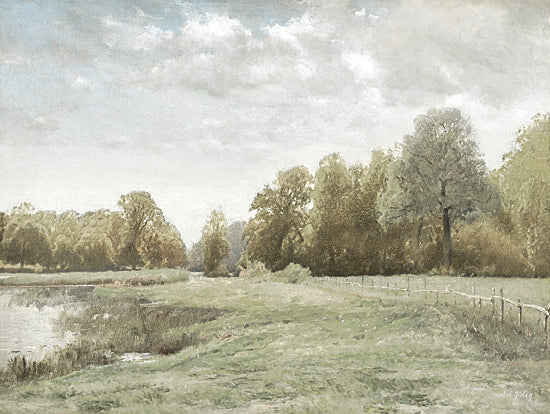 Amber Sterling AS388 - AS388 - Along the Fence Line - 16x12 pastoral landscape, pond edge, grassy field, trees in distance, soft cloudy sky, serene countryside, nature scene, neutral greens, painterly brush strokes, tranquil, open meadow from Penny Lane
