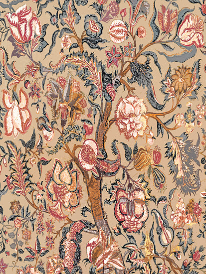 Amber Sterling AS500 - AS500 - Tapestry of Blooms - 12x16 botanical pattern, floral illustration, vintage textile, stylized flowers, leaves, vines, muted beige background, red accents, decorative wallpaper, ornate foliage, repeating design, nature motif from Penny Lane