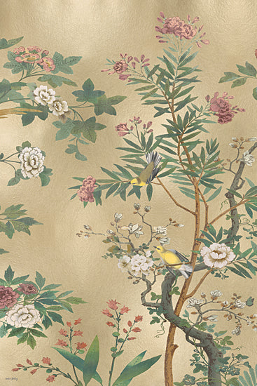 Amber Sterling AS502 - AS502 - A Song in the Branches I - 12x18 botanical illustration, birds, floral branches, soft gold background, chinoiserie style, pastel flowers, greenery, delicate leaves, nature scene, decorative wallpaper, elegant, feminine, tranquil from Penny Lane