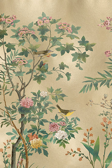 Amber Sterling AS503 - AS503 - A Song in the Branches II - 12x18 botanical illustration, birds, flowering branches, soft gold background, chinoiserie style, pastel blossoms, greenery, nature scene, elegant wallpaper, feminine decor, tranquil, vintage-inspired from Penny Lane