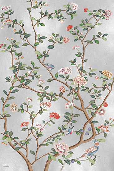 Amber Sterling AS504 - AS504 - Tranquil Tapestry - 12x18 floral branches, birds, pastel blossoms, silver background, chinoiserie style, botanical wallpaper, greenery, delicate flowers, elegant decor, feminine, nature motif, vintage-inspired from Penny Lane