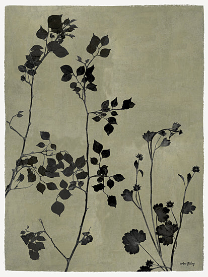 Amber Sterling AS517 - AS517 - Shadow Branches II - 12x16 botanical silhouette, black leaves and stems, minimalist nature art, green background, moody decor, modern vintage style, botanical wall art, crackle texture, neutral tones from Penny Lane