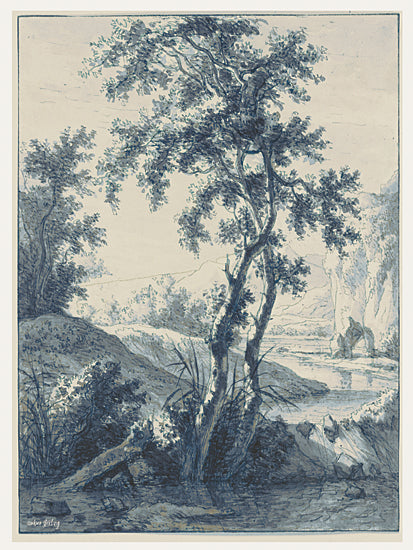 Amber Sterling AS521 - AS521 - Intertwined - 12x16 blue monochrome landscape drawing, tree study, riverside, creek, stream bank, tall trees, foliage, leaves, branches, sketch, linework, ink wash, watercolor wash, nature scene, outdoor, serene, rustic, pastoral, hillside, rocks, shoreline, vintage style, tonal illustration from Penny Lane