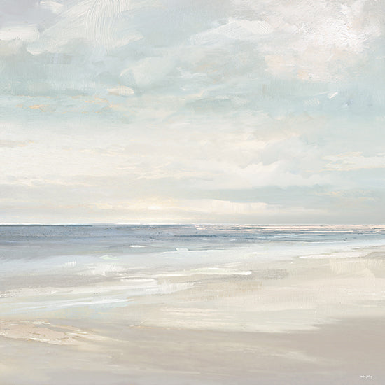 Amber Sterling AS532 - AS532 - The Quiet Edge - 12x12 minimal seascape, ocean horizon, pale sky, soft clouds, beach shoreline, gentle waves, light blue and cream palette, serene, airy, atmospheric, abstracted landscape, modern coastal, painterly brush strokes, neutral tones from Penny Lane