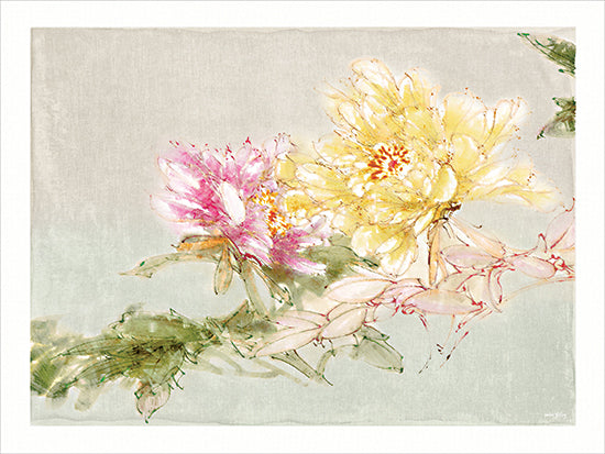 Amber Sterling AS537 - AS537 - Ode to Spring II - 16x12 floral art, cactus flowers, desert blooms, pink and yellow petals, watercolor flowers, botanical study, soft green background, romantic desert flora from Penny Lane